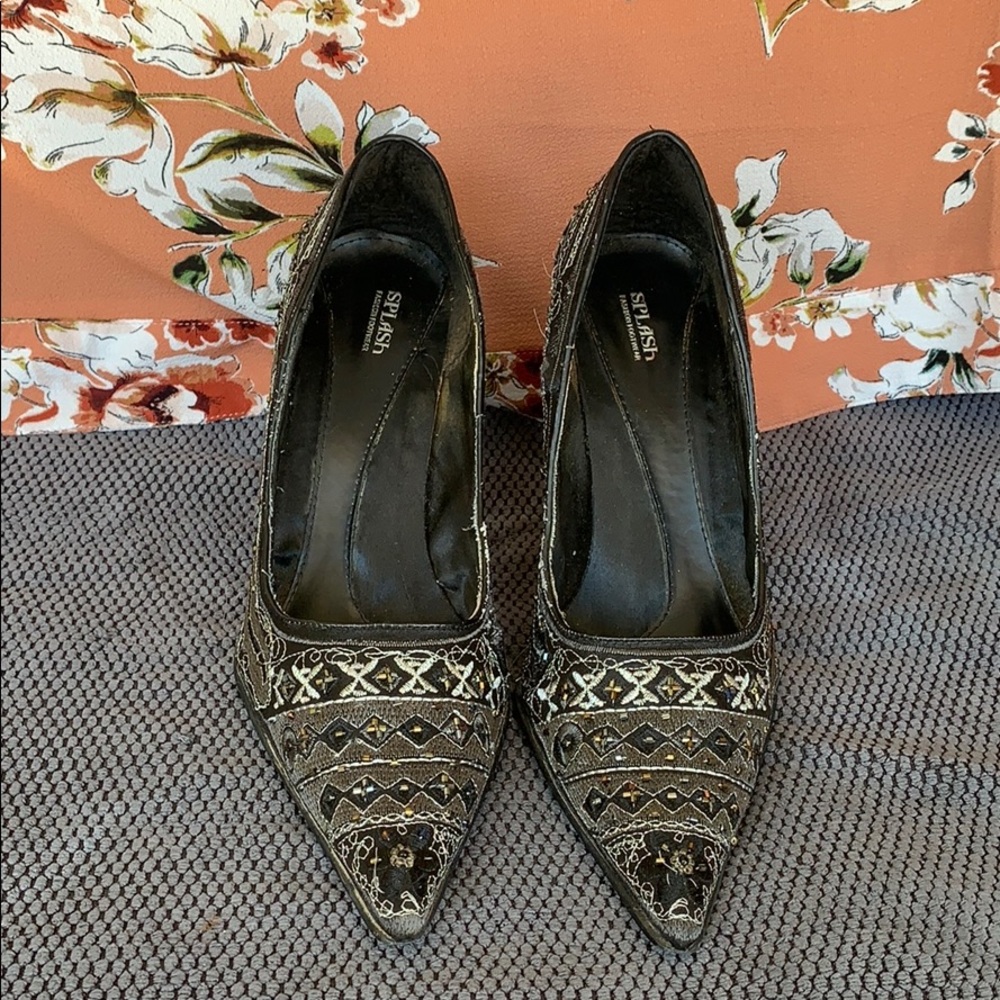 Embroidered black- silver dress heels